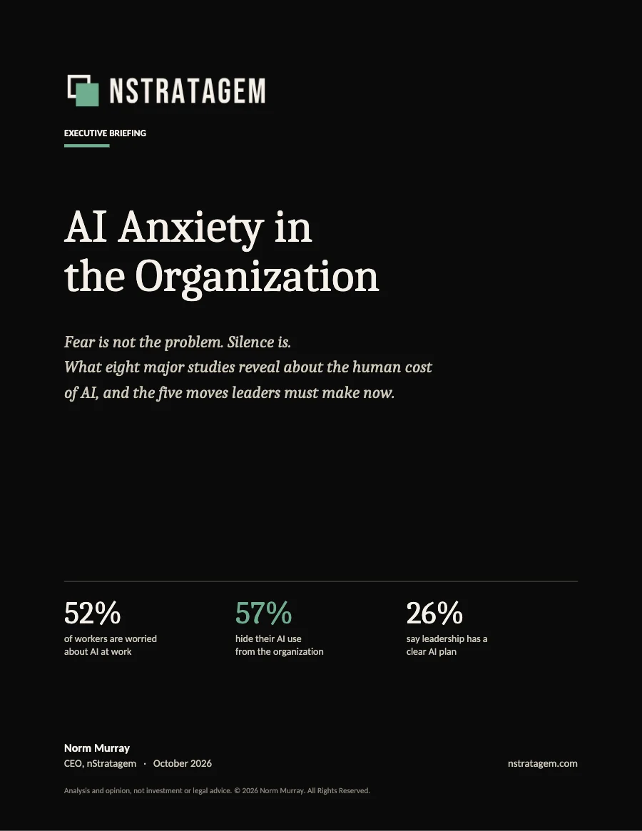 Cover of the executive briefing AI Anxiety in the Organization by Norm Murray, nStratagem